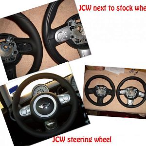 My JCW leather steering wheel...next to the oem stock wheel