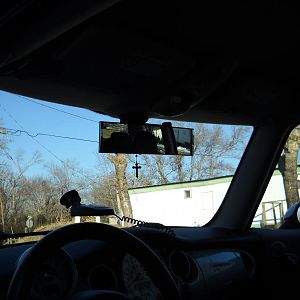 045 11" inside flat wide angle rear view mirror, can see out both rear side windows so the only blind spot is the C pillers and those are covered by t
