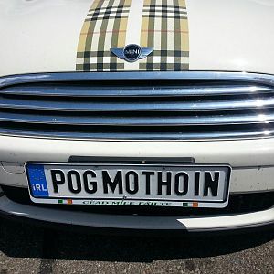 This isn't the MINYN, but a Clubman whose owner my wife met in a perking lot. The rally stripes are Thompson Camel tartan, and the plate translates fr